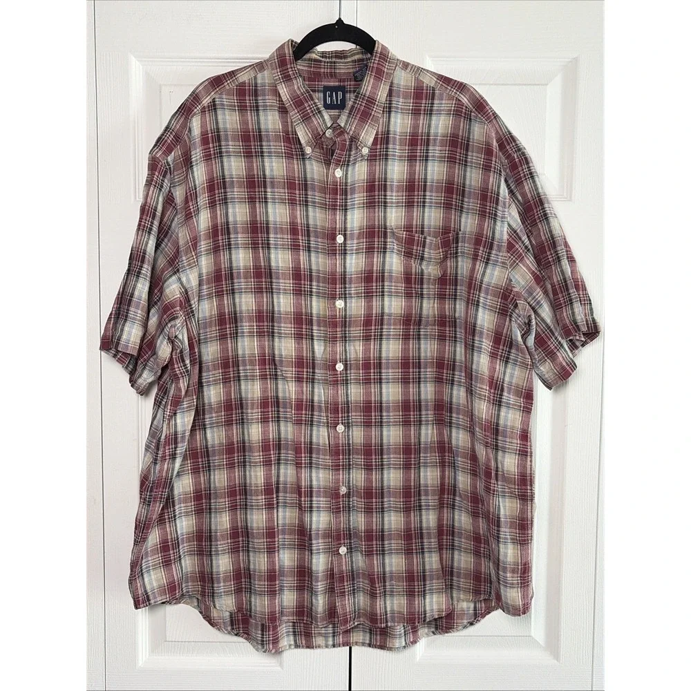 Gap Plaid Button Down Shirt Mens Size XXL Burgundy Linen Cotton Y2K Short Sleeve